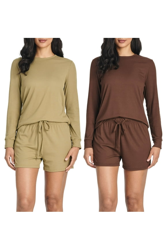 2 Pack: Women's Ribbed Knit Long Sleeve Top and Shorts Pullover Lounge Pajama Set (Available In Plus Size)