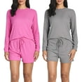thumbnail image 1 of 2 Pack: Women's Ribbed Knit Long Sleeve Top and Shorts Pullover Lounge Pajama Set (Available In Plus Size), 1 of 6
