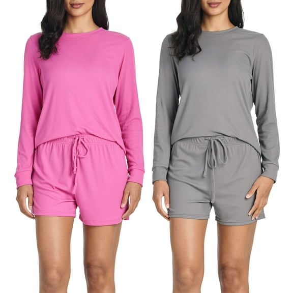 2 Pack: Women's Ribbed Knit Long Sleeve Top and Shorts Pullover Lounge Pajama Set (Available In Plus Size)