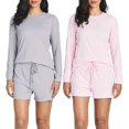 thumbnail image 1 of 2 Pack: Women's Ribbed Knit Long Sleeve Top and Shorts Pullover Lounge Pajama Set (Available In Plus Size), 1 of 6