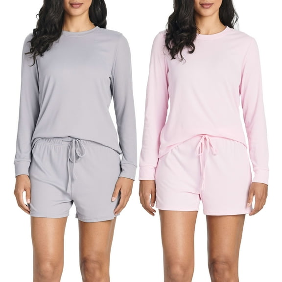 2 Pack: Women's Ribbed Knit Long Sleeve Top and Shorts Pullover Lounge Pajama Set (Available In Plus Size)