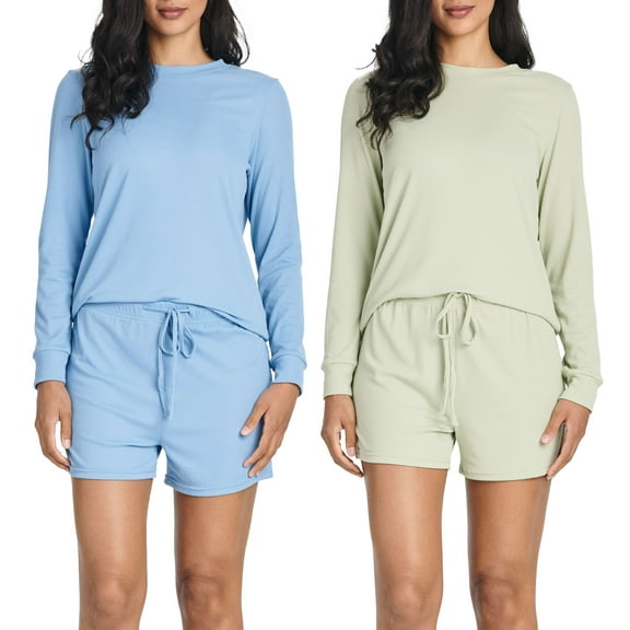 2 Pack: Women's Ribbed Knit Long Sleeve Top and Shorts Pullover Lounge Pajama Set (Available In Plus Size)