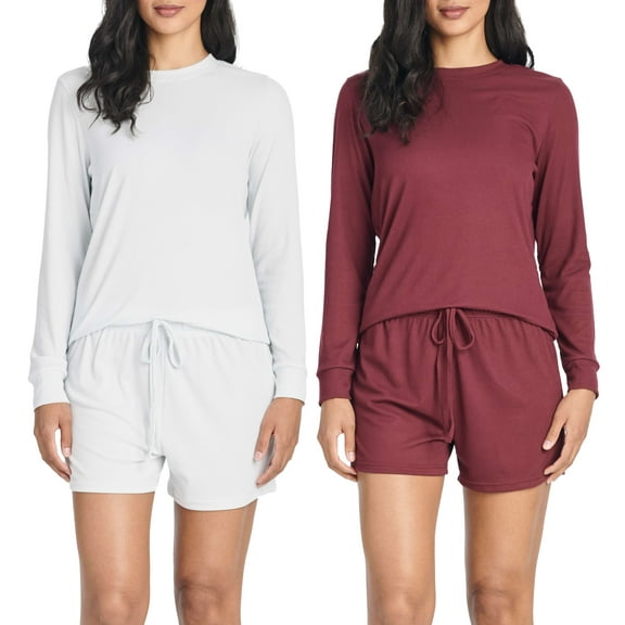 2 Pack: Women's Ribbed Knit Long Sleeve Top and Shorts Pullover Lounge Pajama Set (Available In Plus Size)