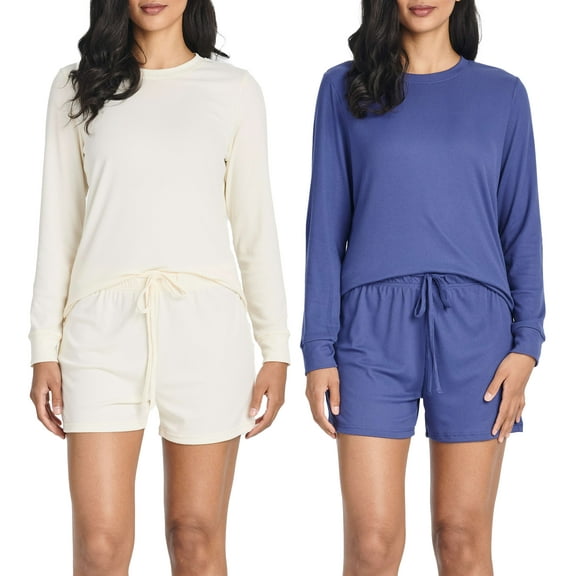 2 Pack: Women's Ribbed Knit Long Sleeve Top and Shorts Pullover Lounge Pajama Set (Available In Plus Size)