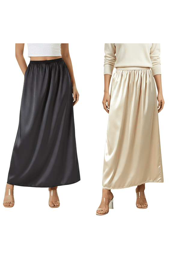 2 Pack Women's Satin Half Slip Underskirt, Anti See Through Lace Trim Long Skirt Liner, Lightweight Summer No Rolling Down Underskirt for Under Dresses, Black & Champagne