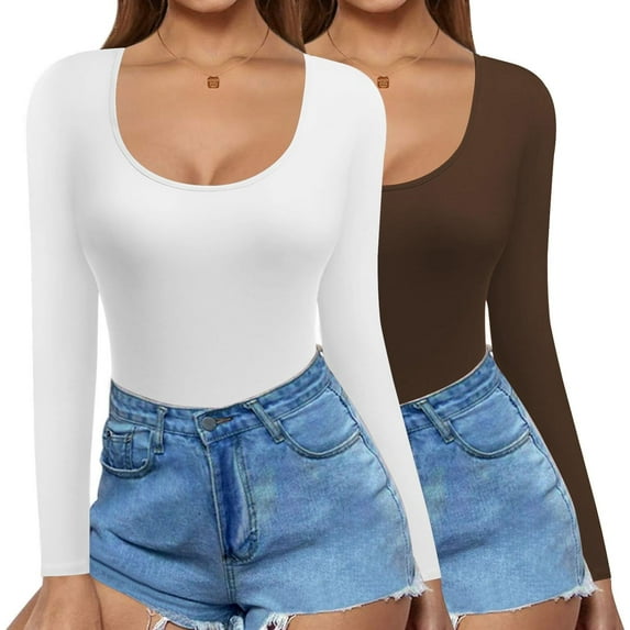 2 Pack Women's Scoop Neck Tops Long Sleeve Slim Fit T Shirt Thermal Shirts Basic Tight Tee XS-XXL