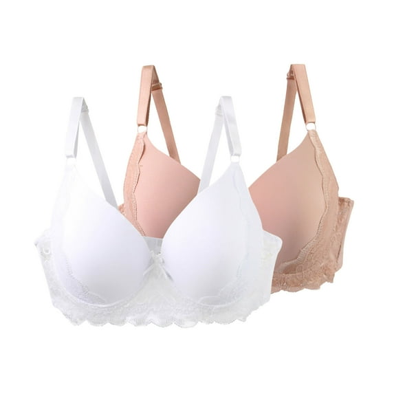 2 Pack Women's Seamless Bras Plus Size Underwire High Support Full Coverage Lace Flower Tshirt Everyday Bra (105C, White/Rose Gold)