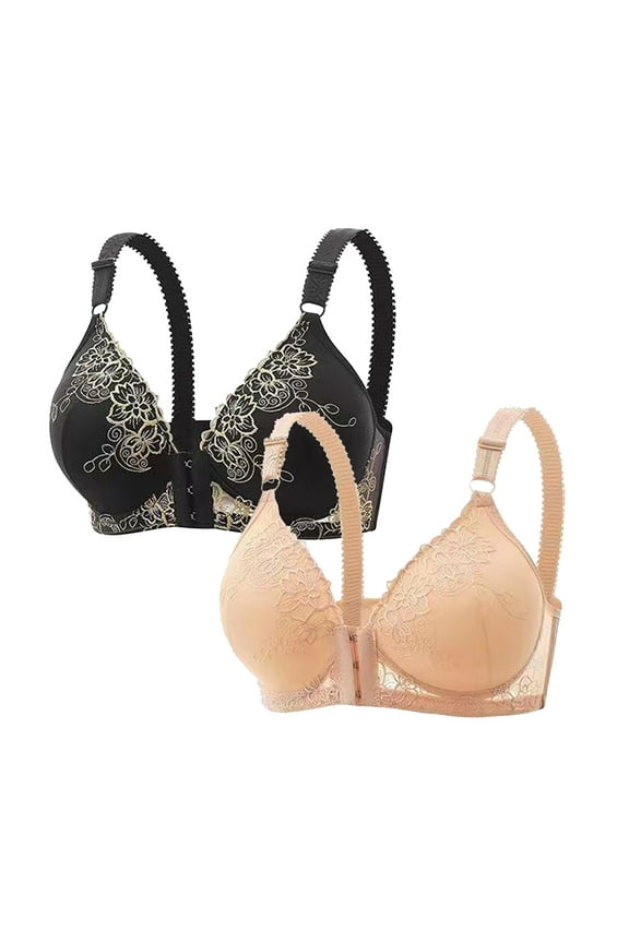2 Pack Women's Sexy Lace Bra Front Plus Size Opening Bra Wrapped Up Cup Side Fold Breast Lift Bra Beige XL