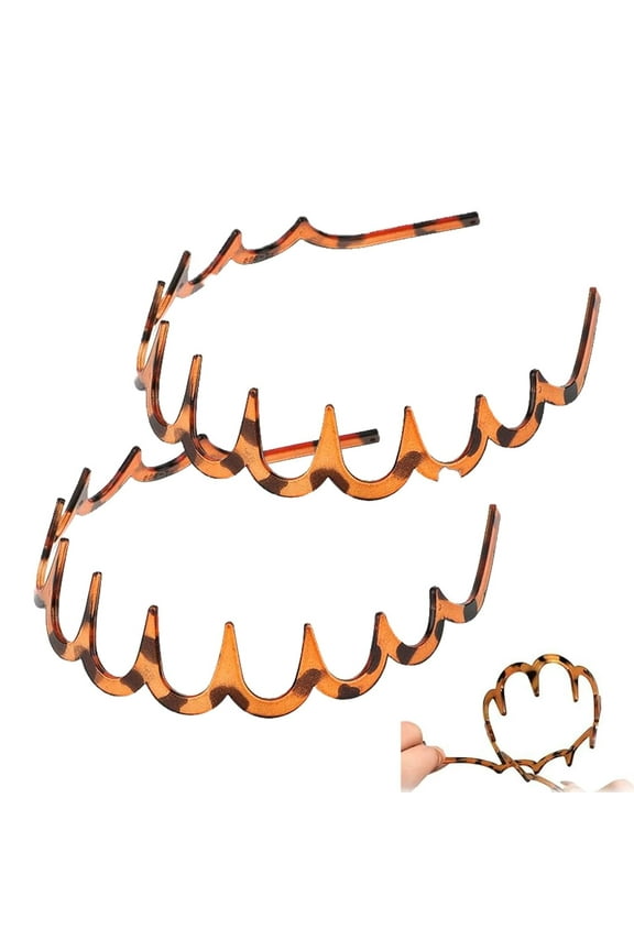 2 Pack Women's Shark Tooth Headbands, U Shape Plastic Hair Comb Band, Reversible Fluffy Wave Sawtooth Headband, Black and Amber (Black+Amber)