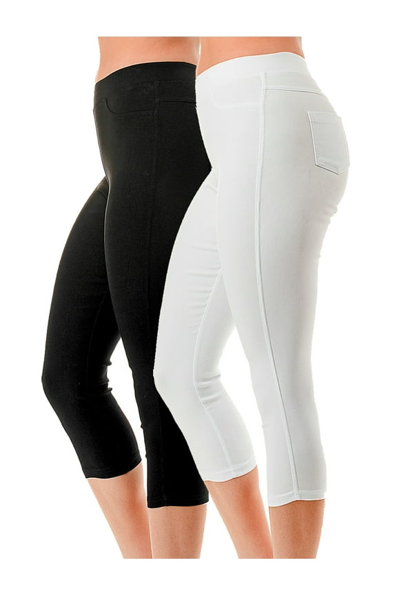 2 Pack Women's High Waist Cotton Capri Jegging Pants Pull On Stretch Capris Size S - 3XL 20" Inseam