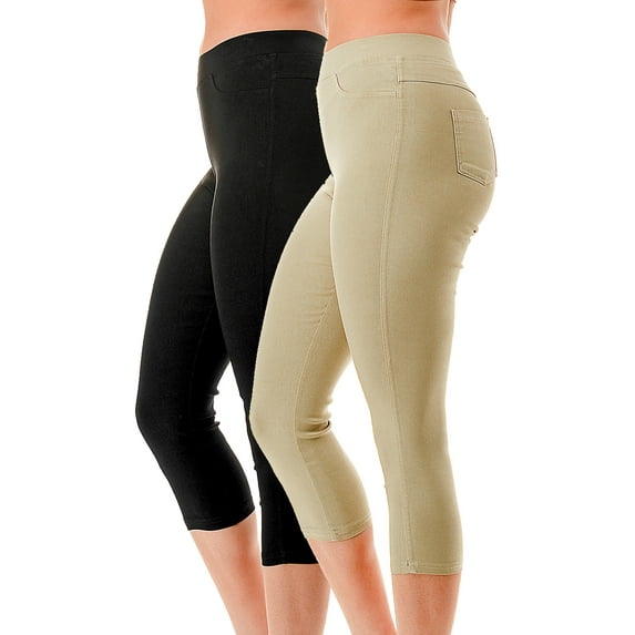 2 Pack Women's High Waist Cotton Capri Jegging Pants Pull On Stretch Capris Size S - 3XL
