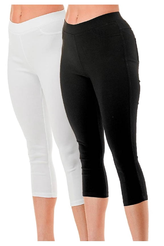 2 Pack Women's High Waist Cotton Capri Jegging Pants Pull On Stretch Capris Size S - 3XL 20" Inseam