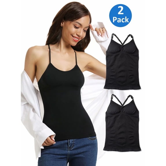 2 Pack Women's Solid Camisoles Stretch Tank Tops with Shelf Bra Adjustable Strap Cami with Built in Padded Bra