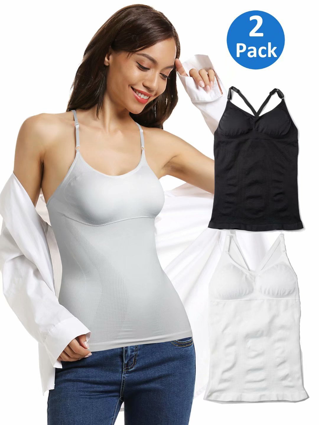 2 Pack Women's Solid Camisoles Stretch Tank Tops with Shelf Bra