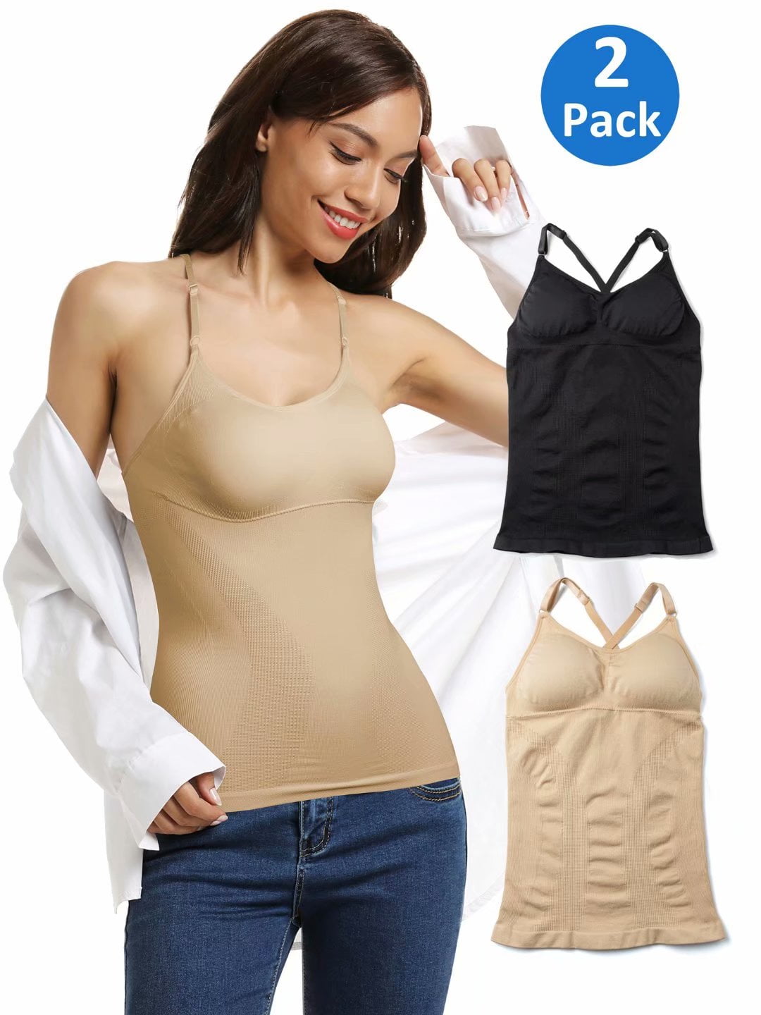 2 Pack Women's Solid Camisoles Stretch Tank Tops with Shelf Bra