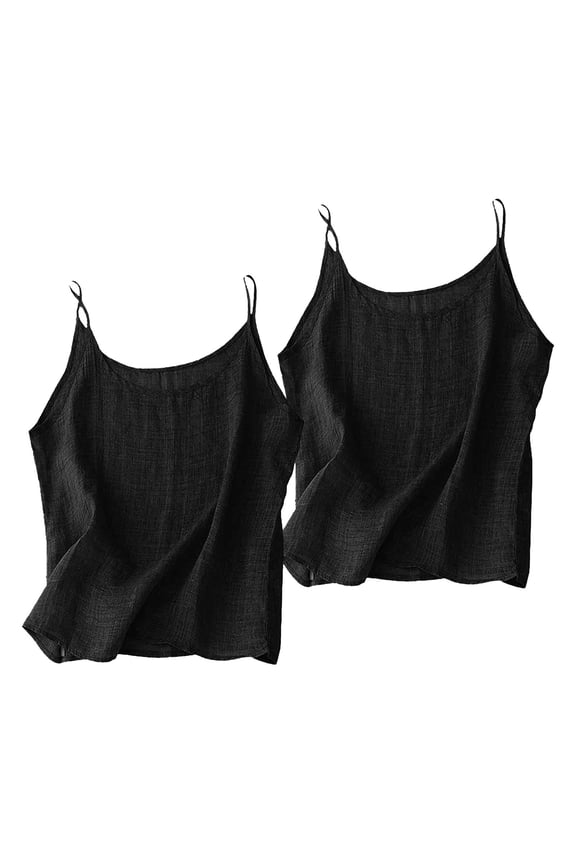 2 Pack Women's Solid Color Cotton Linen Thin Spaghetti Strap Camisole, Loose Fit Sleeveless Layering Tank Top, Casual Summer Daily Wear or Home Lounge Black M