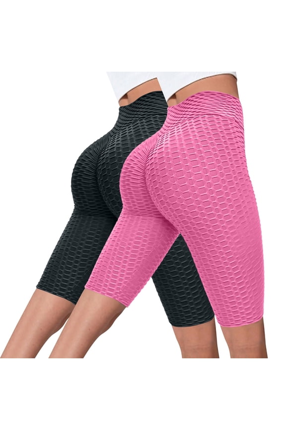 2 Pack Women's Solid Color High Waisted Butt Lifting Jacquard Bubble Pattern Yoga Shorts, 5 Inch Stretchy Athletic Shorts for Summer Workout or Gym, Breathable and Comfortable Pink XXL