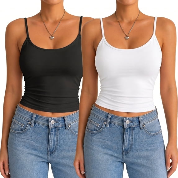 2 Pack Women's Spaghetti Strap Crop Cami Tank Tops, U Neck Low Back Slim Fit Sleeveless Layering Camisole