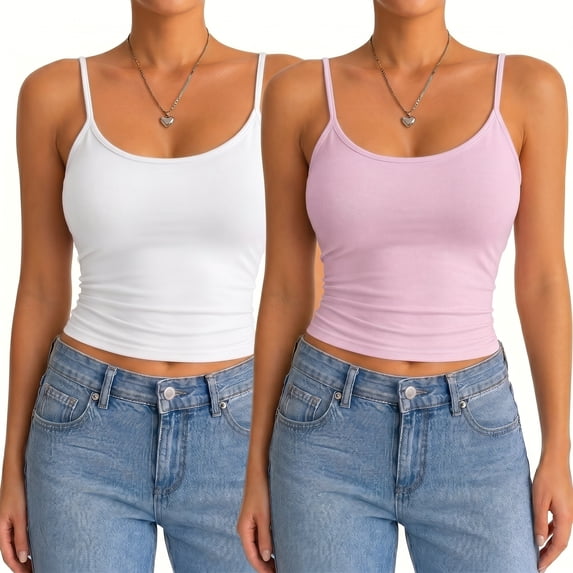 2 Pack Women's Spaghetti Strap Crop Cami Tank Tops, U Neck Low Back Slim Fit Sleeveless Layering Camisole