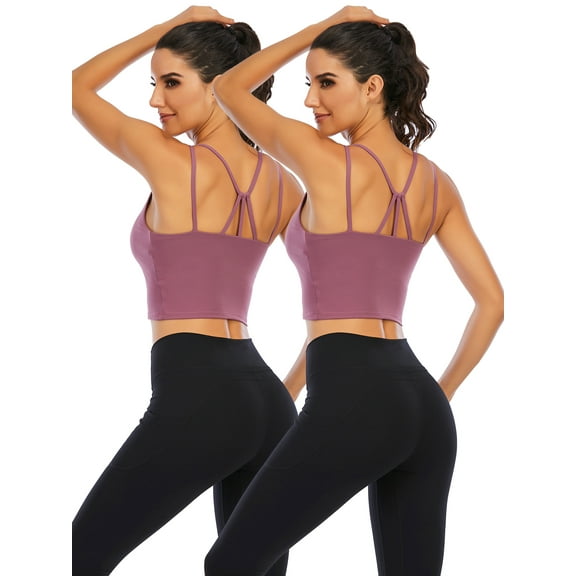 2 Pack Women's Sport Bra Strappy Back Yoga Tops Running Workout T-Shirt Sports Underwear Inner Chest Pad Sling Tube Top Vest