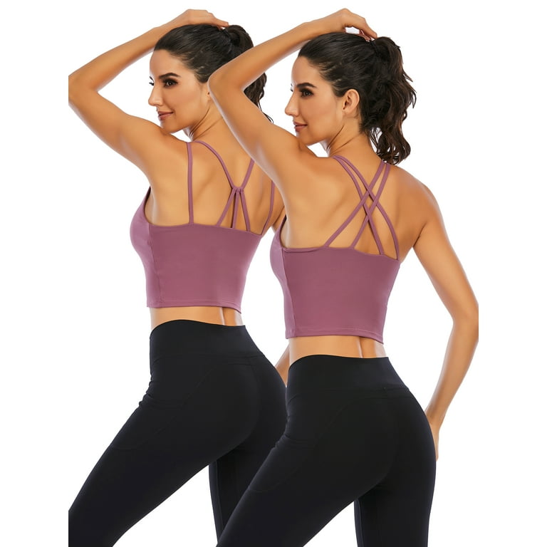 2 Pack Women's Sport Bra Strappy Back Yoga Tops Running Workout T-Shirt  Sports Underwear Inner Chest Pad Sling Tube Top Vest