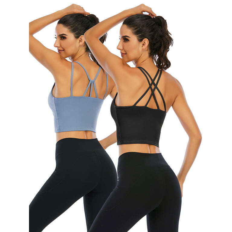 2 Pack Women's Sport Bra Strappy Back Yoga Tops Running Workout T-Shirt  Sports Underwear Inner Chest Pad Sling Tube Top Vest