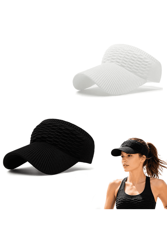 2 Pack Women's Sun Visor Hat, High Ponytail Open Top Design, Breathable Knitted Wide Brim UV Protection Cap for Running and Beach