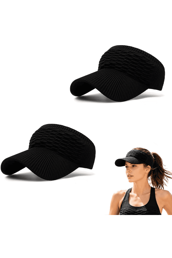 2 Pack Women's Sun Visor Hat with High Ponytail Open Top, Wide Brim UV Protection Knitted Running Visor, Breathable and Quick Drying