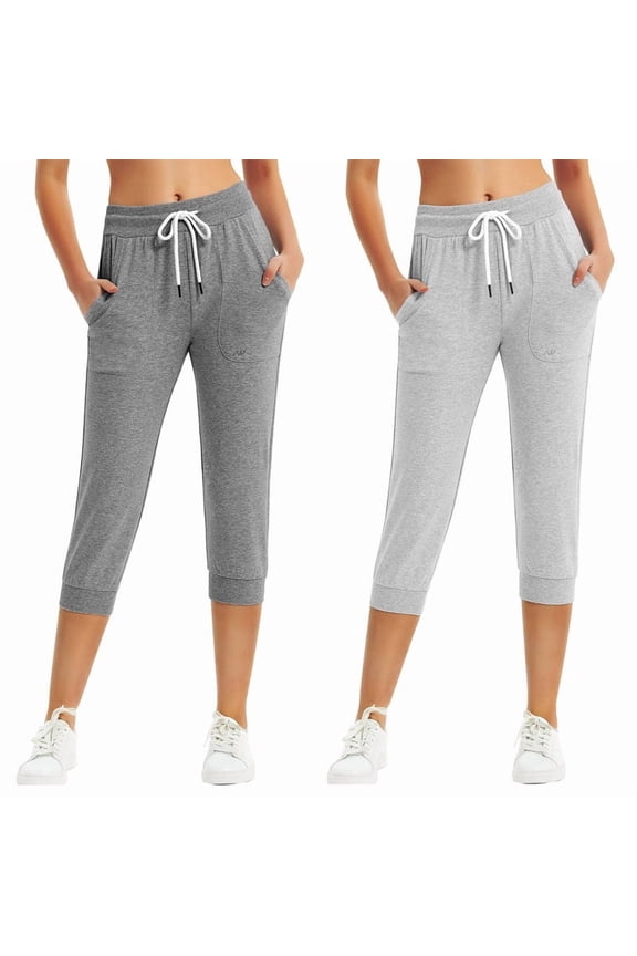 2 Pack Women's Sweatpants Capri Pants Cropped Jogger Running Pants Lounge Loose Fit Drawstring Waist with Side Pockets