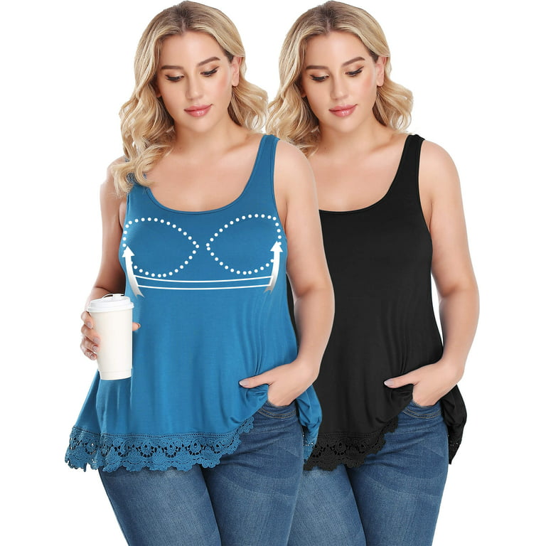 2 Pack Women's Tank Top with Built in Bra Camisole Lace Flowy Swing Pleated  Tank Top Cami for Summer