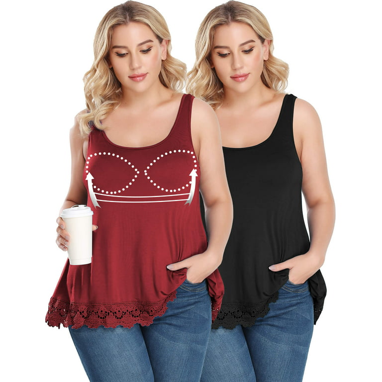 2 Pack Women's Tank Top with Built in Bra Camisole Lace Flowy Swing Pleated  Tank Top Cami for Summer 