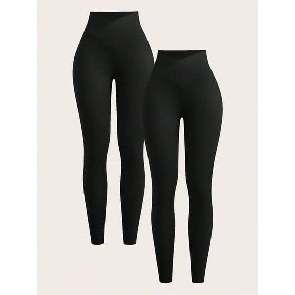 2 Pack Women's V Front High Waist Leggings, Slim Fit Full Length Stretch Pants for Workout and Daily Casual Wear