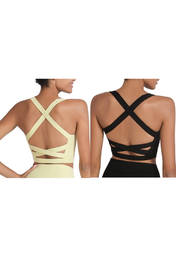 2-Pack Women's Wide Strappy Yoga Sports Bras Criss-Cross Back Tank Tops