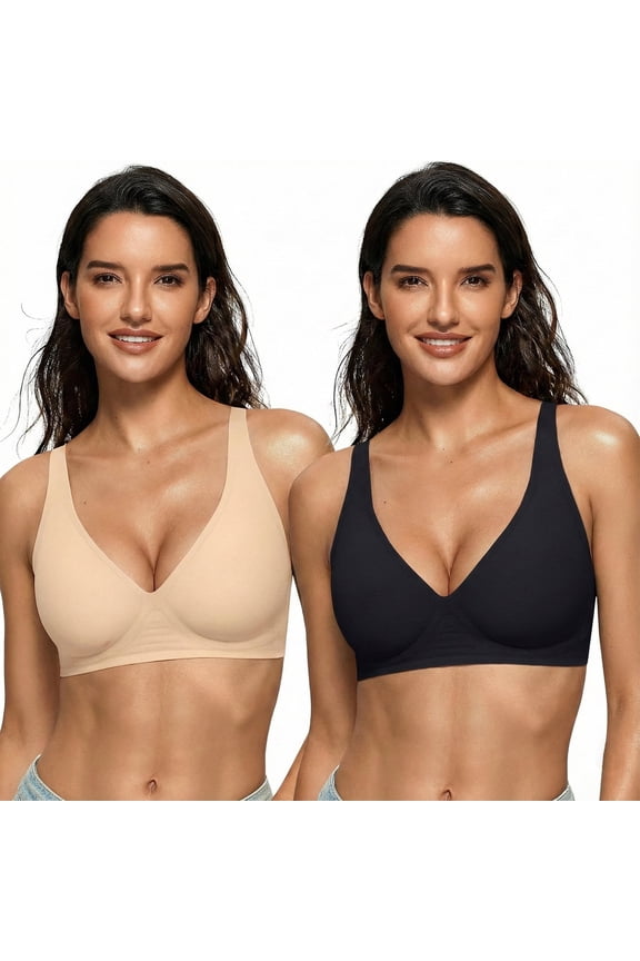 2 Pack Women’s Wireless Bras Comfortable Supportive No Underwire T-Shirt Deep V Bras Seamless Push Up Bralettes Plunge Bra