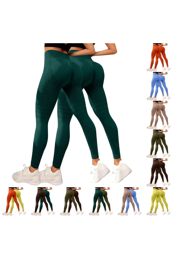 2-Pack Women's Yoga Pants, Textured Seamless High Waist Workout Leggings for Tummy Control & Booty Lifting, Running Fitness Pants for Gym and Casual Wear-Blackish Green