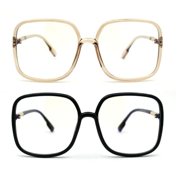 (2-Pack) Womens 90s Oversize Rectangular Butterfly Clear Lens Eyeglasses 1 Black 1 Beige