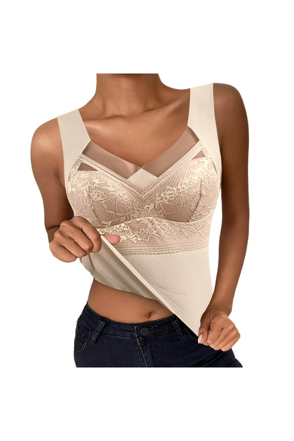 2 Pack Womens Bras No Underwire Padded Tank Fleece Slimming Thermal Plus Size Underwear,Beige,L