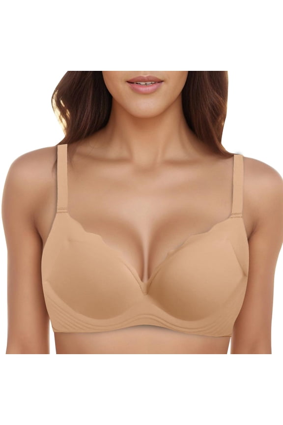 2 Pack Womens Bras No Underwire Smooth Unified Back Lift Side Control Wireless Underwear,Khaki,L