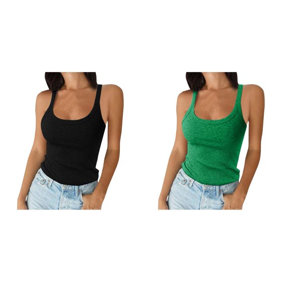 2 Pack Womens Camisole Tank Tops Women Spaghetti Strap Scoop Neck Ribbed Tank Tops Slim Fitted Camisole Basic Sleeveless Layering Shirts Women's Tank Tops M