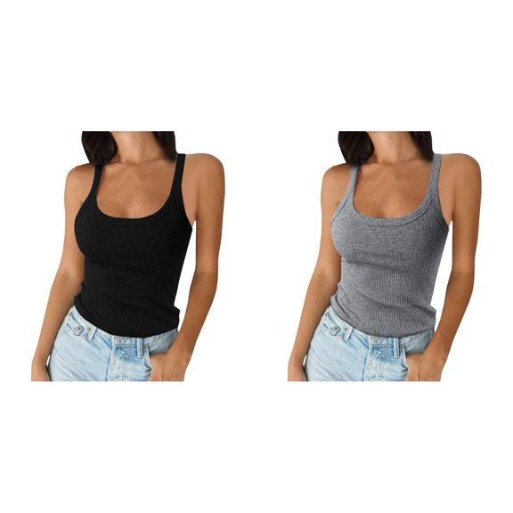 2 Pack Womens Camisole Tank Tops Women Spaghetti Strap Scoop Neck Ribbed Tank Tops Slim Fitted Camisole Basic Sleeveless Layering Shirts Womens Summer Tank Tops XS
