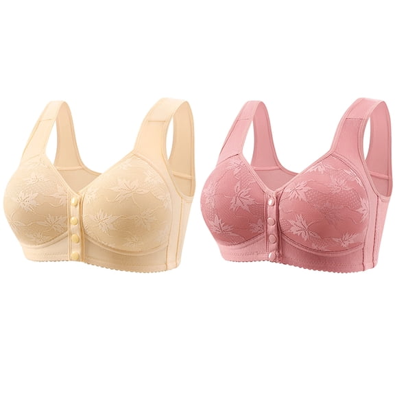 2 Pack Womens Front Closure Bras, No Underwire Mid Buttons Bralette, Comfortable Everyday Gathering Brassieres