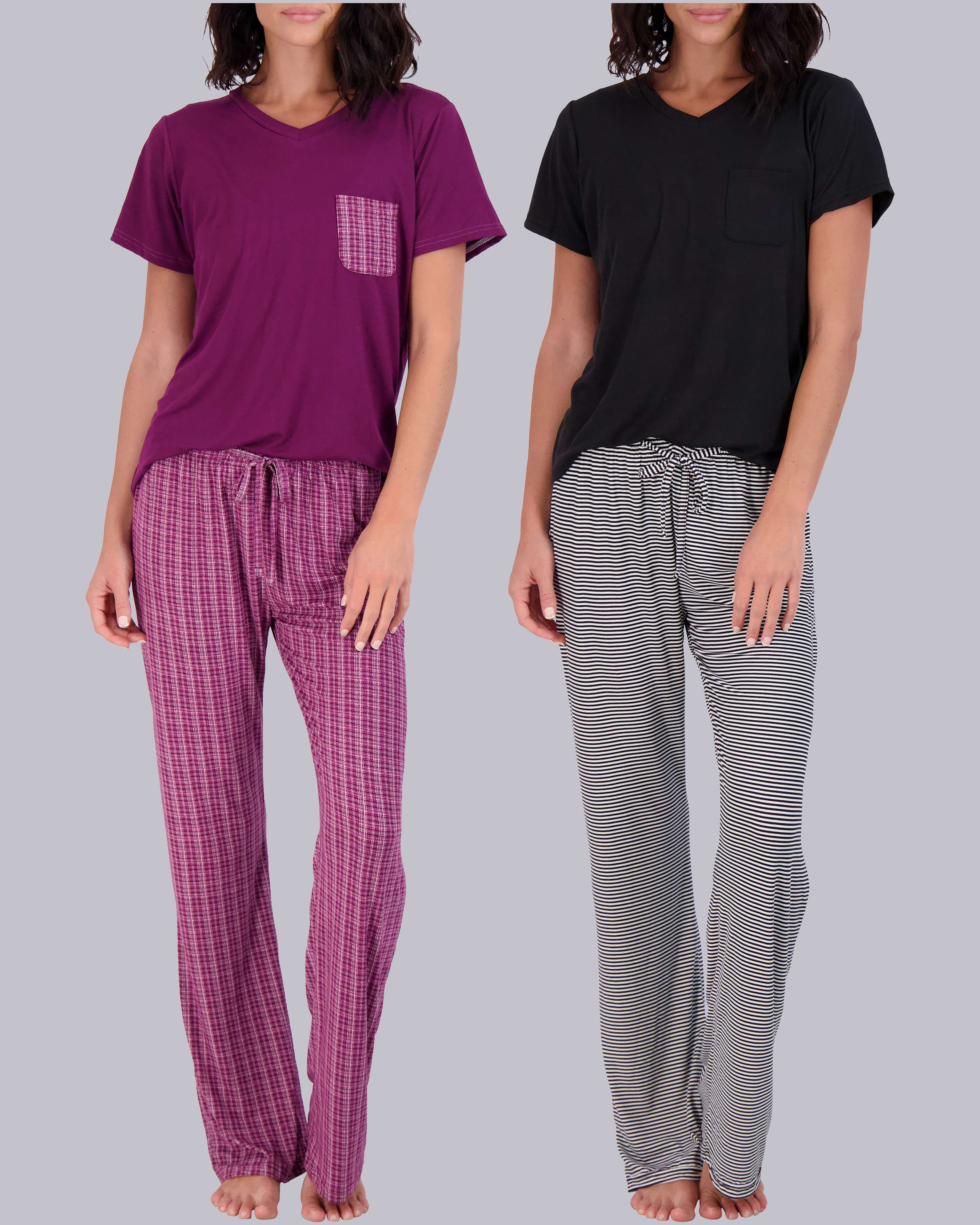 Real Essentials Women's 2 Pack Pajama Set - Short Sleeve & Long Sleeve PJs Purple Blue X-Small - View #7
