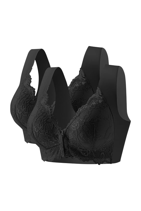 2 Pack Womens Plus Size Bras Front Closure Wireless Lace Comfortable Breathable Thin Padded Seniors Underwear (L, 2PC-Black)