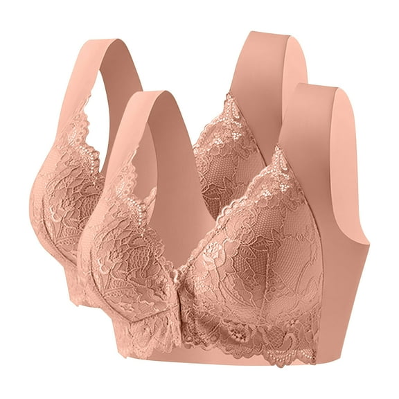2 Pack Womens Plus Size Bras Front Closure Wireless Lace Comfortable Breathable Thin Padded Seniors Underwear (L, 2PC-Coffee)