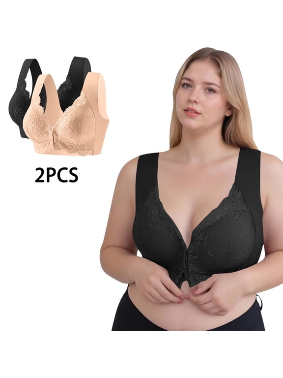 2 Pack Womens Plus Size Bras Front Closure Wireless Push Up Bralettes Lightweight Lace Back-Smoothing Large Bust Underwear Bra M-5X