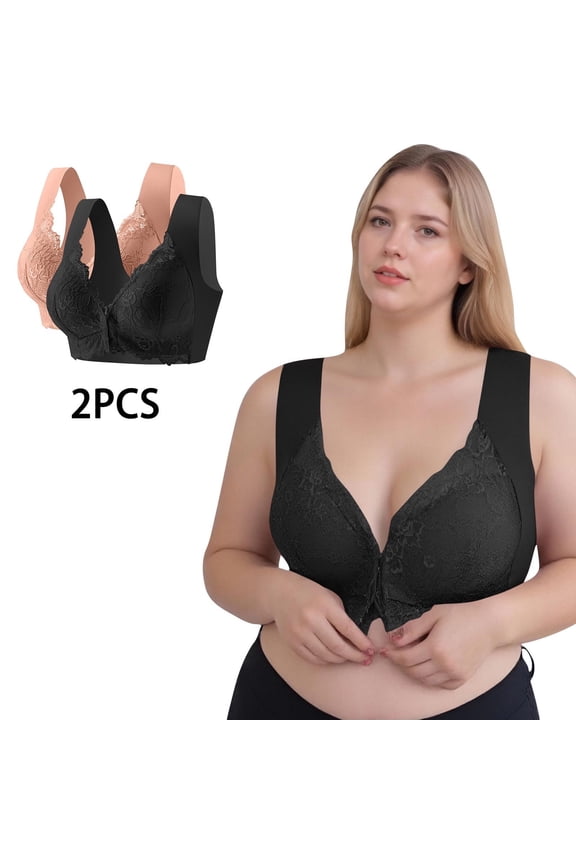 2 Pack Womens Plus Size Bras Front Closure Wireless Push Up Bralettes Lightweight Lace Back-Smoothing Large Bust Underwear Bra M-5X