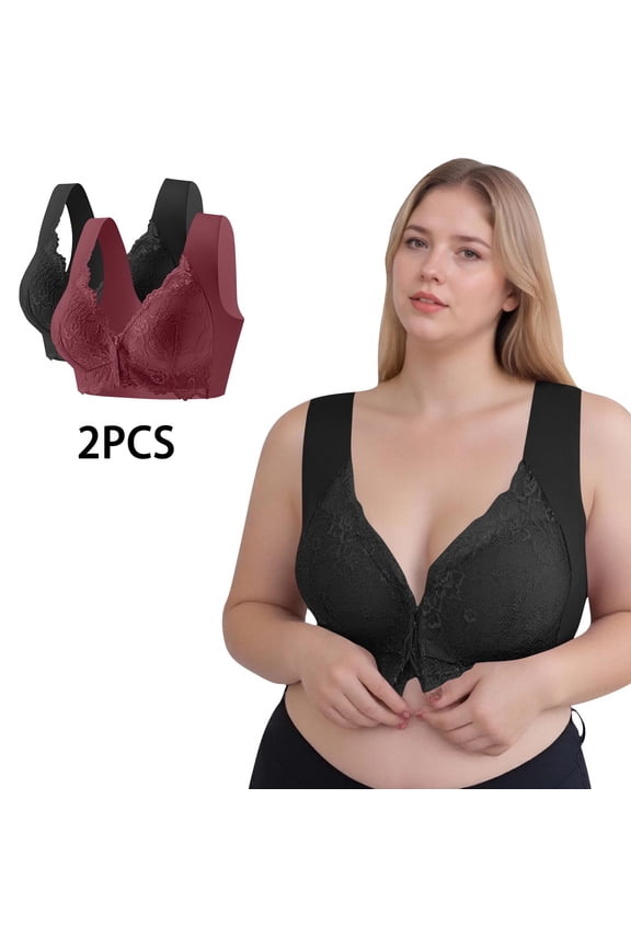 2 Pack Womens Plus Size Bras Front Closure Wireless Push Up Bralettes Lightweight Lace Back-Smoothing Large Bust Underwear Bra M-5X