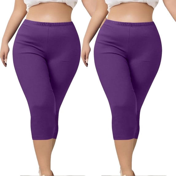 2-Pack Womens Plus Size Capris Workout Jeggings for Woman Stretch High Waist Yoga Capri Leggings(3XL, Purple)
