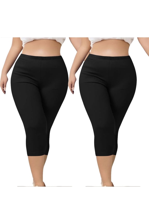 2-Pack Womens Plus Size Capris Workout Jeggings for Woman Stretch High Waist Yoga Capri Leggings(L, Black)