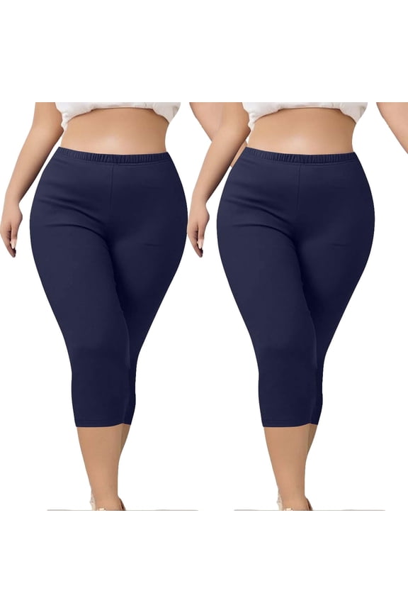 2-Pack Womens Plus Size Capris Workout Jeggings for Woman Stretch High Waist Yoga Capri Leggings(XL, Dark Blue)